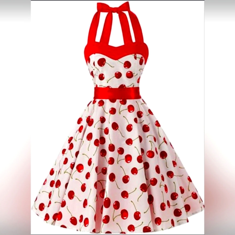 Red Cherry Swing Retro Halter Pin Up Dress